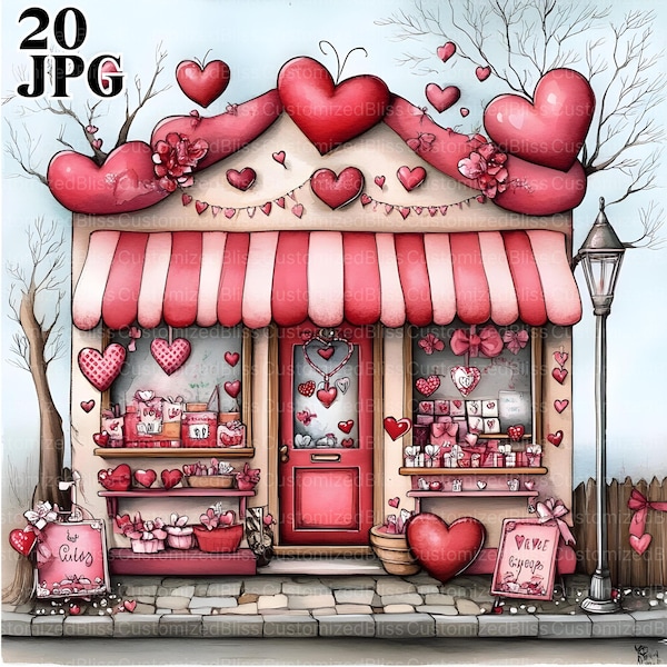 Clip Art de la tienda de San Valentín, 20 archivos JPG de acuarela de alta resolución, imprimible de San Valentín, clipart de San Valentín, diario basura, descarga digital, caprichoso