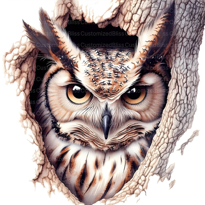 May include: A close-up of an owl's face peering out from a hole in a tree trunk. The owl has large, golden eyes and brown and white feathers.