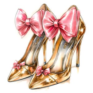 Pu&ograve; includere: Un paio di tacchi alti dorati con punta e tacchi a spillo. Ogni scarpa presenta un grande fiocco rosa sul retro e un fiocco pi&ugrave; piccolo sulla punta. Le scarpe hanno una finitura lucida e un emblema decorativo.