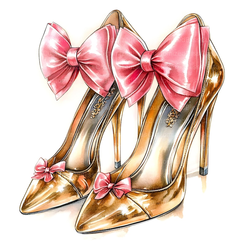 Pu&ograve; includere: Un paio di tacchi alti dorati con punta e tacchi a spillo. Ogni scarpa presenta un grande fiocco rosa sul retro e un fiocco pi&ugrave; piccolo sulla punta. Le scarpe hanno una finitura lucida e un emblema decorativo.