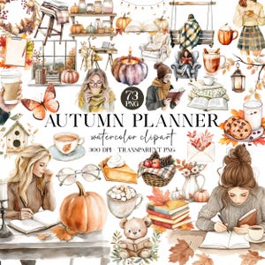 Watercolor Cozy Autumn Planner Clipart, Boho Fall Planner Clip Art, Planner Girl PNG Bundle, Bookworm Clipart, Cozy Reading PNG, Planning