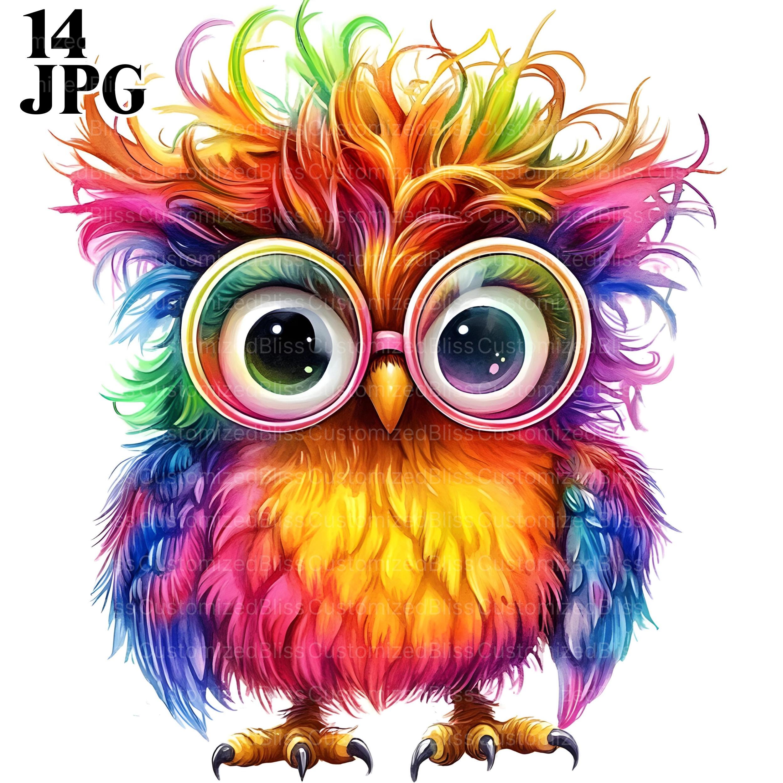 14 Rainbow Owl Clipart, Funny Owl with Crazy Hair and Glasses, Colorful Bird Cartoon Art, Bird Clipa