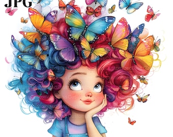 Quirky Little Girl with Butterfly Clip Art, 20 High Quality JPGs, Watercolor Clipart, Junk Journal Scrapbooking Card Making Digital Download