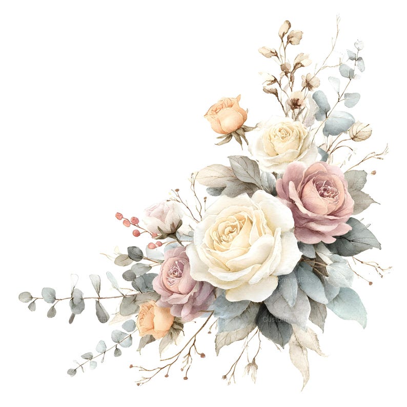 May include: A floral arrangement featuring cream, peach, and dusty rose-colored roses accented with muted blue-green eucalyptus leaves and thin, bare twigs. The composition is clustered in a corner shape with soft, natural color tones throughout.