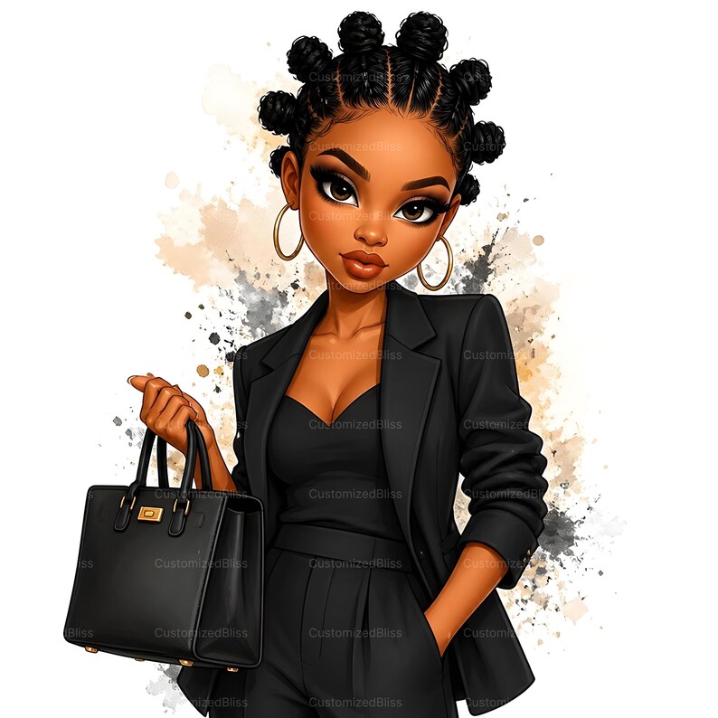May include: Illustration of a Black woman in a black suit, holding a black handbag. She has a stylish hairstyle with gold hoop earrings. The background has abstract paint splatters. The image has the text "CustomizedBliss".