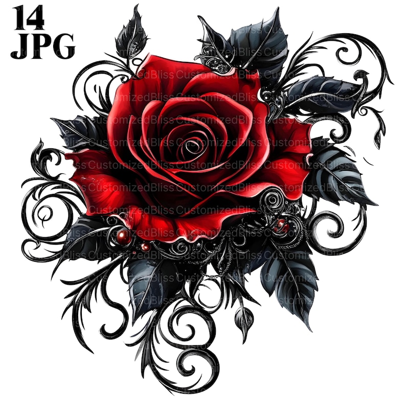 May include: A single red rose with a dark, intricate floral design. The rose is surrounded by black leaves and vines.
