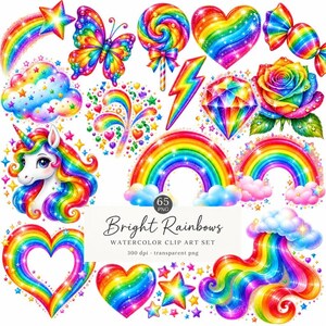 Può includere: Una collezione digitale di clipart a tema arcobaleno con unicorno, farfalla, lecca-lecca, cuore, caramella, nuvola, fulmine, diamante, rosa e stelle. Il testo recita 65 PNG Bright Rainbows WATERCOLOR CLIP ART SET 300 dpi transparent png.