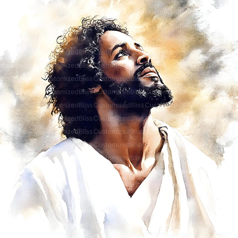 May include: Watercolor portrait of a man with dark curly hair and a full beard, looking upwards. He is wearing a white robe, and the background features soft, blended colors of beige and gray. The image has the text "Customized Bliss" repeated.