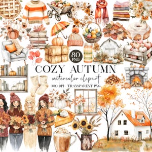 Watercolor Autumn Clipart Bundle, Cozy Autumn PNG, Fall Clip Art, Pumpkin Clipart, Cottagecore Fall Illustrations, Rustic Autumn Graphics