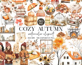 Watercolor Autumn Clipart Bundle, Cozy Autumn PNG, Fall Clip Art, Pumpkin Clipart, Cottagecore Fall Illustrations, Rustic Autumn Graphics