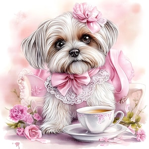 May include: A small, white dog with brown fur around its eyes is wearing a pink dress with a lace collar and a pink bow. The dog is sitting on a pink and white teacup and saucer with a cup of tea. There are pink flowers in the background.