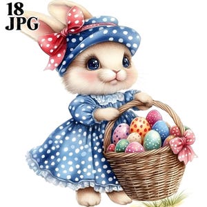 18 imágenes prediseñadas de conejito de Pascua, conejito con huevos, imágenes prediseñadas de huevos de Pascua, canasta de Pascua, imágenes prediseñadas de Pascua, archivos JPG de alta calidad, descarga digital, manualidades