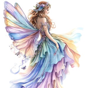 May include: A watercolor painting of a fairy with iridescent wings and a flowing rainbow dress. The fairy has long, flowing red hair and a flower crown.