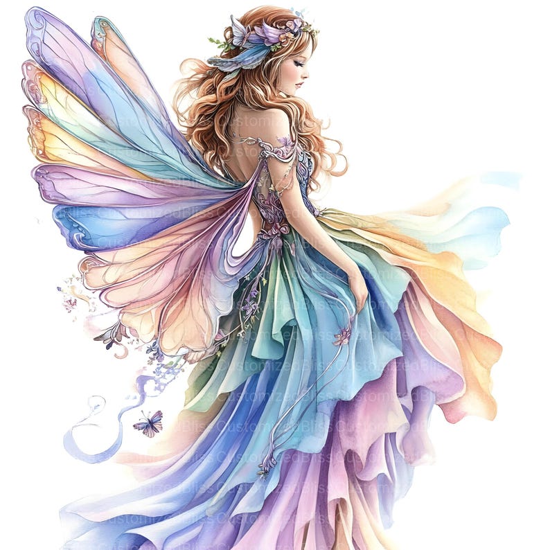 May include: A watercolor painting of a fairy with iridescent wings and a flowing rainbow dress. The fairy has long, flowing red hair and a flower crown.