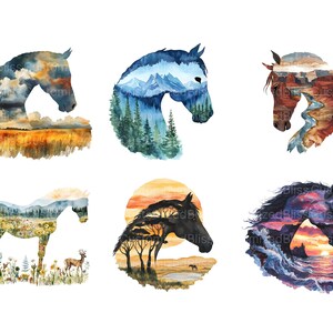 Puede incluir: Seis acuarelas de caballos con paisajes dentro de sus siluetas. Los paisajes incluyen monta&ntilde;as, bosques, oc&eacute;anos y campos. Los caballos son todos de diferentes colores y tienen diferentes poses.