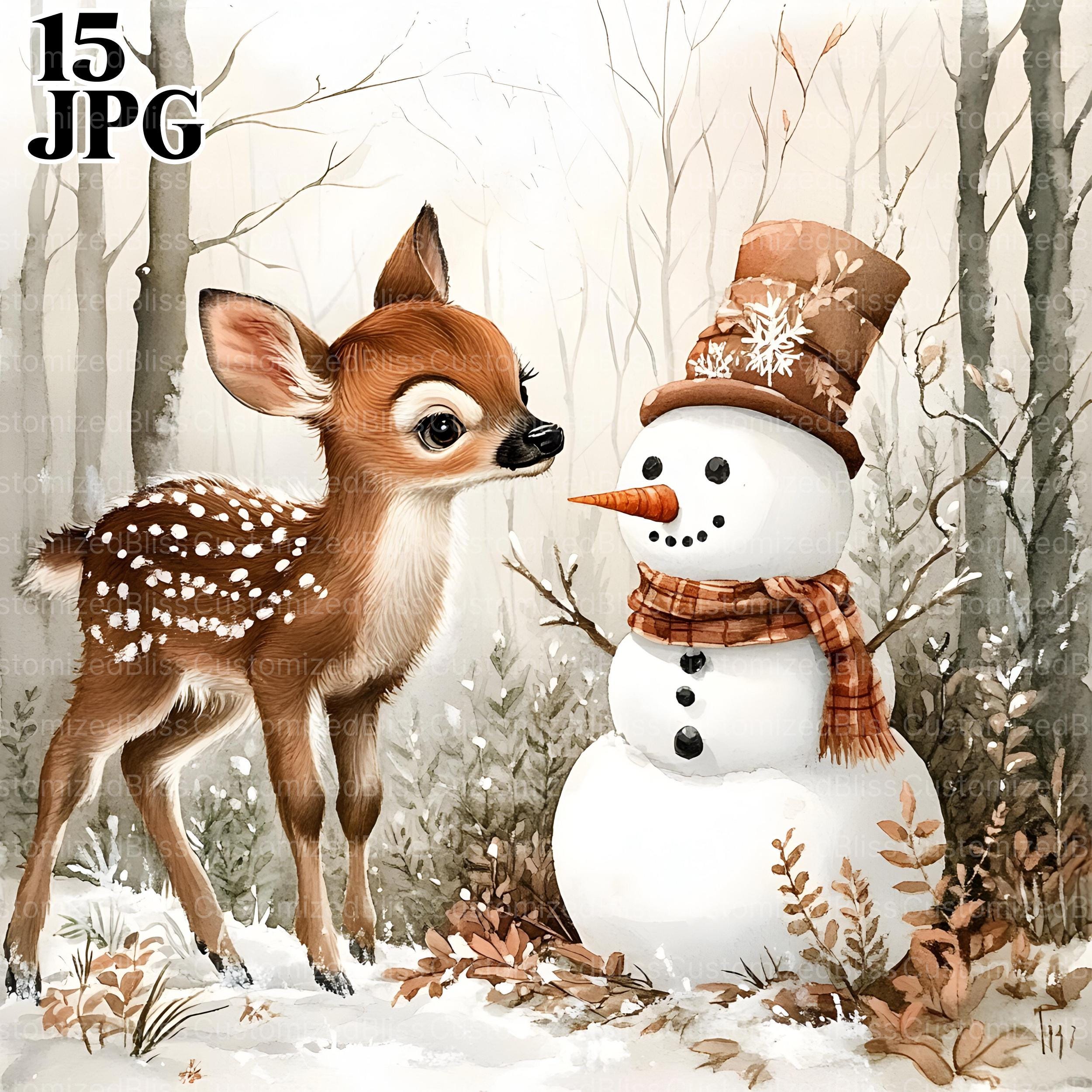 ぐるみん　キャンバスアート　冬 冬の雪だるまと鹿のクリップアートバンドル、15枚の高品質JPG