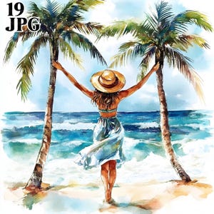 19 Imágenes prediseñadas de mujer en la playa, imágenes prediseñadas de mujer de vacaciones, archivos JPG de alta calidad, imágenes prediseñadas de acuarela, diario basura, descarga digital, manualidades de papel