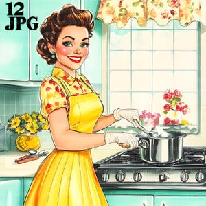 Image clipart femme au foyer des années 1950, 12 fichiers JPG de haute qualité, clipart aquarelle, journal indésirable, scrapbooking, fabrication de cartes, téléchargement numérique, fantaisiste
