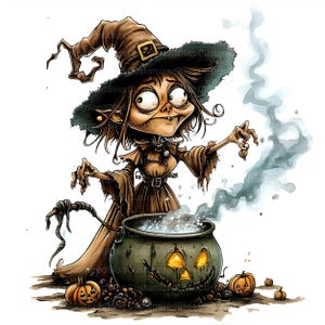 May include: A cartoon witch with green eyes and a brown pointed hat stirs a cauldron with a glowing orange pumpkin face. The cauldron is filled with a bubbling green liquid and steam. There are several small pumpkins on the ground around the cauldron.