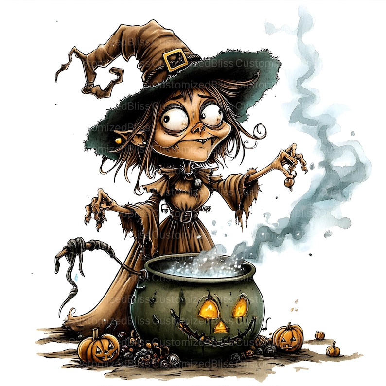 May include: A cartoon witch with green eyes and a brown pointed hat stirs a cauldron with a glowing orange pumpkin face. The cauldron is filled with a bubbling green liquid and steam. There are several small pumpkins on the ground around the cauldron.