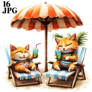 16 cliparts de chats de plage mignons, chats d'été en vacances, chat tropical, fichiers JPG de haute qualité, Junk Journal, téléchargement numérique, créations en papier