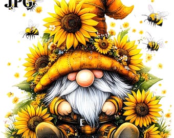 Op de afbeelding: Een kabouter met een gele hoed met zonnebloemen en bijen eromheen. De kabouter zit op een bed van groene bladeren en bloemen.