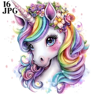 16 Unicórnio Clipart, Unicórnio Arco-Íris, Clipart de Aniversário, Convite para Festa, Clipart de Berçário, JPGs de Alta Qualidade, Download Digital, Clip Art