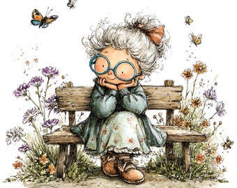 33 trädgårdsmormor Clipart, trädgårdsclipart, tecknad trädgårdsmästare, blommig clipart, nyckfull äldre kvinna clipart, akvarell blomma clipart, JPG