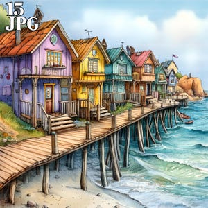 Paquete de 15 imágenes prediseñadas de cabañas junto al mar, archivos JPG de alta calidad, imágenes prediseñadas de acuarela, descarga digital para hacer tarjetas y álbumes de recortes de diario basura
