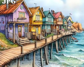 15 Whimsical Seaside Cottages Clip Art Bundle, High Quality JPGs, Watercolor Clipart, Junk Journal Scrapbooking Card Making Digital Download