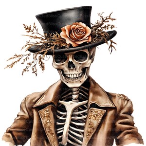 May include: A watercolour illustration of a skeleton figure. The skeleton wears a black top hat decorated with a rose and foliage. It is dressed in a brown coat with floral details, revealing a detailed rib cage and skull.