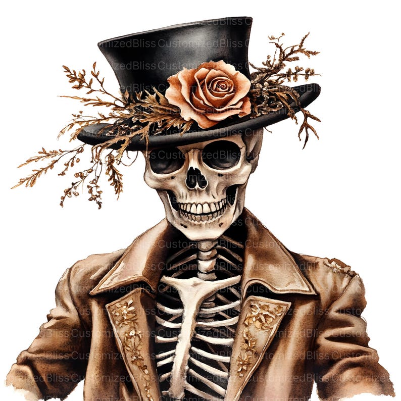 May include: A watercolour illustration of a skeleton figure. The skeleton wears a black top hat decorated with a rose and foliage. It is dressed in a brown coat with floral details, revealing a detailed rib cage and skull.