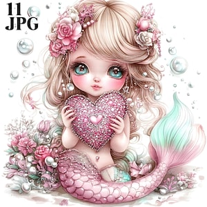 Clipart sirène, coeur Clip Art, Saint-Valentin, clipart sirène mignonne, sirène aquarelle, coeur Clipart Saint-Valentin Clipart 11 fichiers JPG haute résolution