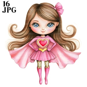 16 Cute Superhero Girl Clipart, Cartoon Superhero Clipart, High Quality JPG, Watercolor Clipart, Junk Journal, Digital Download, Paper Craft