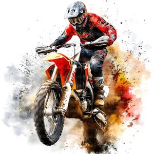Peut inclure: Illustration &agrave; l'aquarelle d'un pilote de motocross en plein saut. Le pilote porte une combinaison de course rouge et noire et un casque, sur une moto KTM orange et blanche. Des &eacute;claboussures de couleur ajoutent au dynamisme.