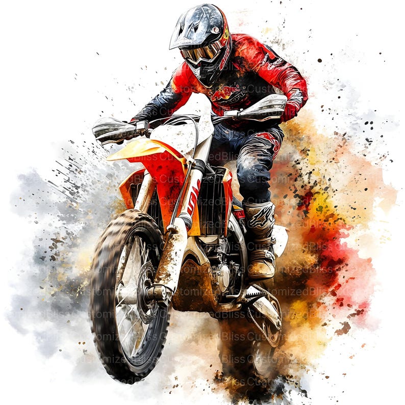 Peut inclure: Illustration &agrave; l'aquarelle d'un pilote de motocross en plein saut. Le pilote porte une combinaison de course rouge et noire et un casque, sur une moto KTM orange et blanche. Des &eacute;claboussures de couleur ajoutent au dynamisme.