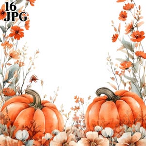 May include: Watercolor illustration featuring two orange pumpkins with green stems, surrounded by orange flowers and foliage. The image has a white background and the text "16 JPG" in the upper left corner. The overall theme is autumn.