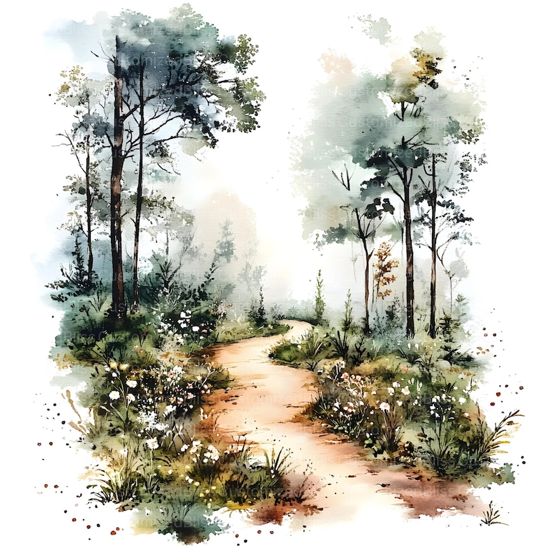 May include: A watercolor painting of a winding path through a forest. The path is light brown and leads into a misty, green forest. The trees are tall and slender, with lush foliage. The painting is done in a soft, muted palette of greens, browns, and blues.