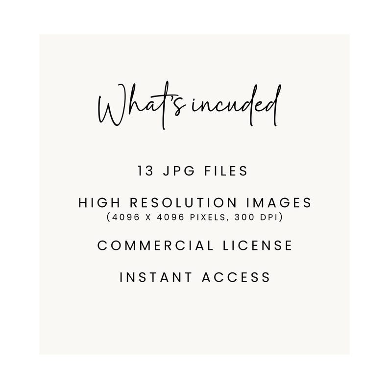 May include: Text that reads "What's included" followed by "13 JPG FILES", "HIGH RESOLUTION IMAGES (4096 X 4096 PIXELS, 300 DPI)", "COMMERCIAL LICENSE", and "INSTANT ACCESS".