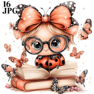 16 Clipart coccinella, Clipart libro di lettura, Insegnante di inglese, Clipart biblioteca, JPG di alta qualità, Acquerello, Diario spazzatura, Download digitale