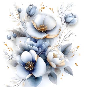 Puede incluir: Un ramo de flores azules y blancas con detalles dorados. Las flores est&aacute;n dispuestas en un estilo suelto y natural. El fondo es blanco.