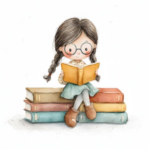 以下が含まれることがあります： 本を読んでいるメガネをかけた若い人の水彩イラスト。本を積み重ねた上に座っています。三つ編みの茶色の髪、花柄のトップス、青いスカート、茶色のブーツを履いています。本は様々な色です。