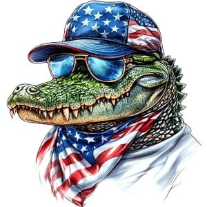 May include: A green alligator wearing a blue and red American flag baseball cap, sunglasses, and a bandana. The bandana is also an American flag.