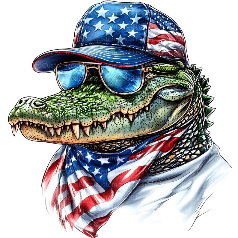 May include: A green alligator wearing a blue and red American flag baseball cap, sunglasses, and a bandana. The bandana is also an American flag.