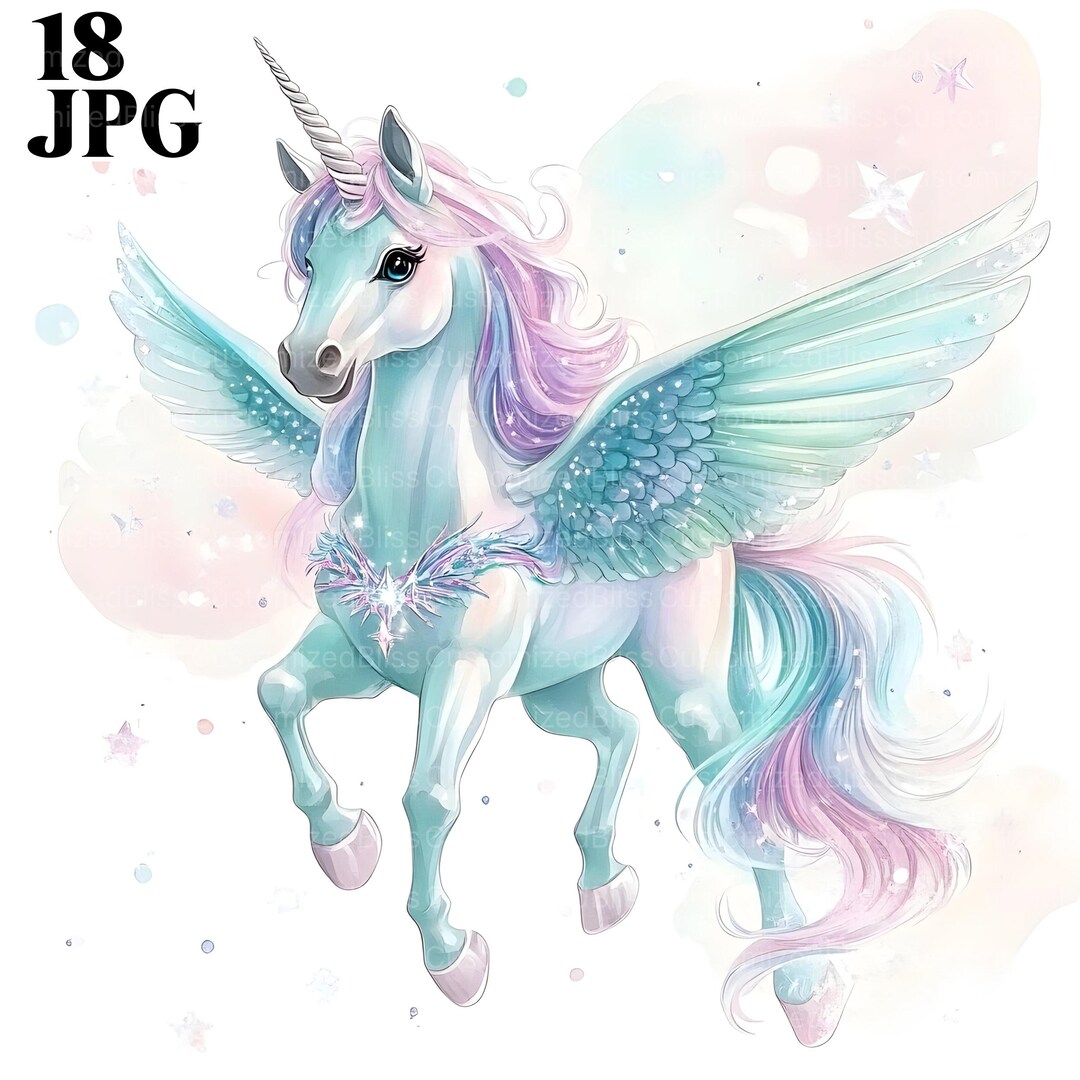 18枚の水彩ユニコーンクリップアート、レインボーペガサスユニコーン