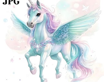 18 Aquarell Einhorn Clipart, Regenbogen Pegasus Einhorn, hochwertige JPGs, Aquarell Clipart, Junk Journal, digitaler Download, Papierwesen
