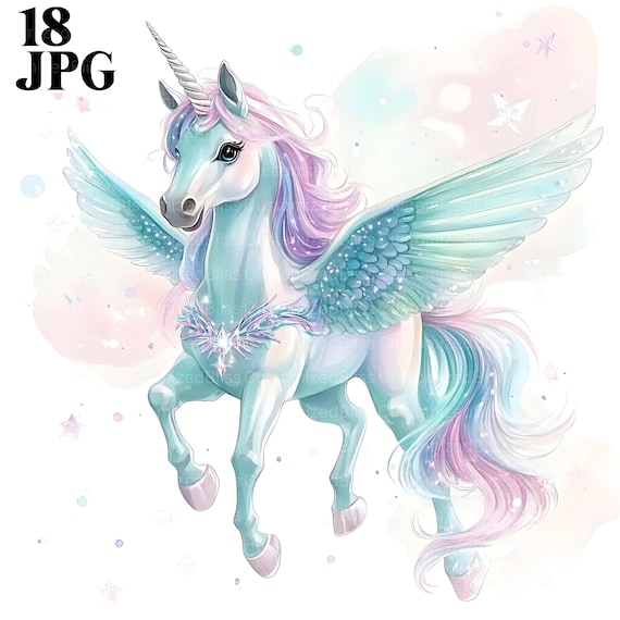18枚の水彩ユニコーンクリップアート、レインボーペガサスユニコーン