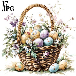 Bundle de cliparts shabby chic, panier d'oeufs de Pâques, 17 fichiers JPG aquarelles de haute qualité, créations manuelles, journalisation, fournitures de scrapbooking, téléchargement numérique