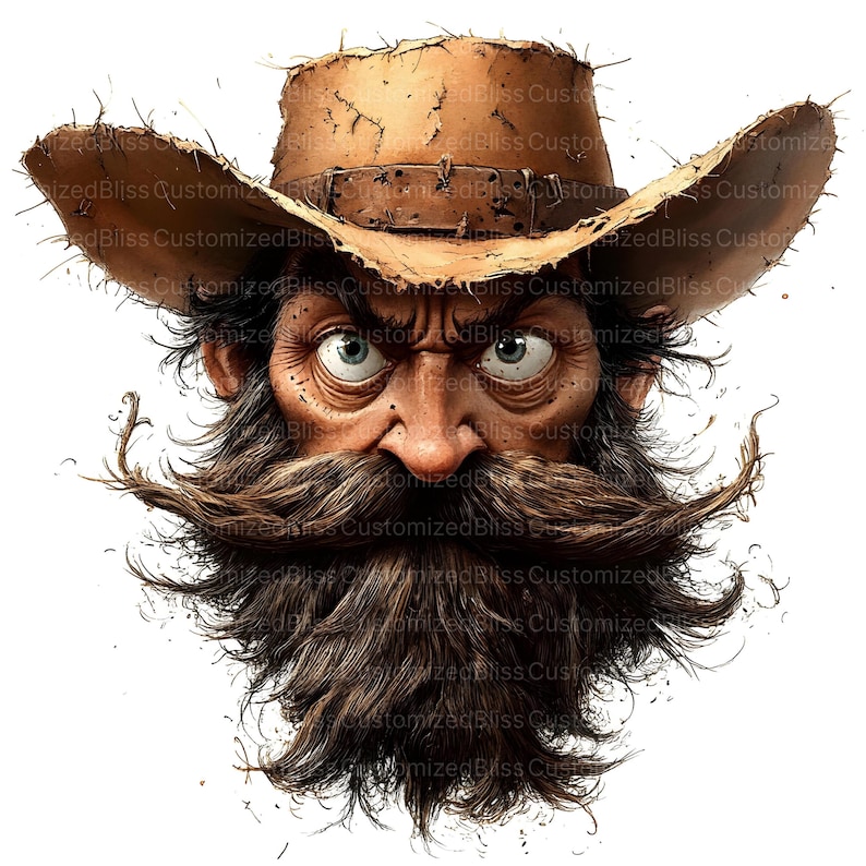 May include: A cartoon illustration of a man's face with a bushy beard and mustache. He is wearing a brown cowboy hat with a worn leather band. The man has a serious expression with furrowed brows and intense eyes.