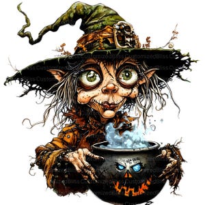May include: A green-skinned witch with a pointed hat and long, white hair is stirring a cauldron with a bubbling blue liquid. The cauldron is decorated with a jack-o'-lantern face.